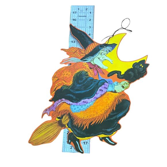 Vintage Halloween Witch on Broom Die-Cut Moon Black Cat Decor 17" Double-Sided - Picture 3 of 4